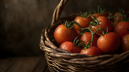 Fresh Organic Tomatoes in Wicker Basket Close-Up Photography with Morning Dew Droplets
