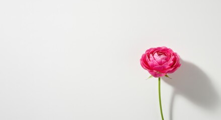 Pink ranunculus flower on white background. Single bloom. Greeting card for Women's Day, Mother's day, Birthday. Elegant and minimal floral design. Copy space.