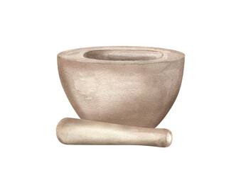 Watercolor stone mortar and granite pestle lying nearby illustration in realistic style isolated background. Empty kitchen granite bowl for grinding spices, herbs. For cook book, homeopathic recipes.