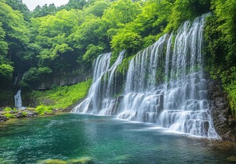 Fototapeta premium Serene Waterfall Surrounded by Vibrant Green Trees and Crystal Clear Pool in a Lush Forest Environment
