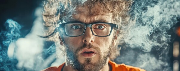 Fototapeta premium Surprised Young Man with Glasses and Smoke in Dramatic Lighting