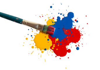 Colorful paint splashes with a paintbrush creating artistic designs on a black background for creative projects and art supplies