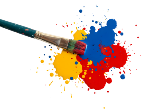 Colorful paint splashes with a paintbrush creating artistic designs on a black background for creative projects and art supplies