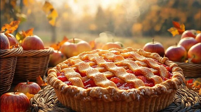 Autumn apple pie baking in sunny orchard.  Possible stock photo use