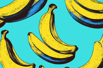 A modern, minimalistic illustration of bananas in a pop art style against a bright blue background. Fun and stylish design for various creative projects