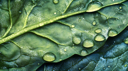 Fototapeta premium Freshly Harvested Organic Spinach Leaves Glistening with Dew Close-Up - Healthy Farm Produce Concept