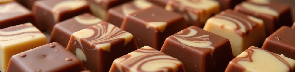 Swirled brown & white chocolate squares close-up, food, piece