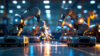 Robotic arms engage in precision welding with sparks flying in a modern industrial facility