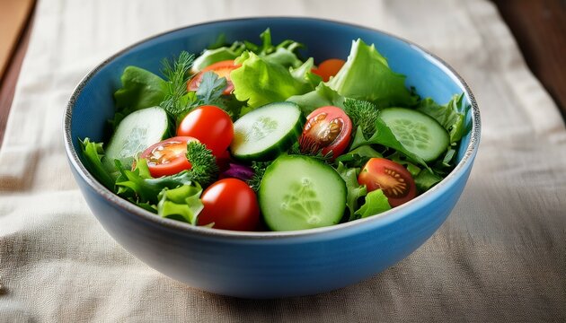 fresh salad with vibrant greens ripe tomatoes and cucumbers in a textured blue ceramic bowl on a natural linen tablecloth perfect for a healthy lunch