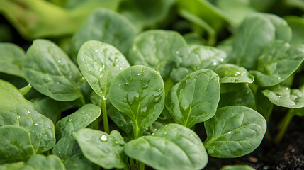 Refreshing Close-up of Water Droplets on Freshly Harvested Organic Spinach Leaves, Nature Photography