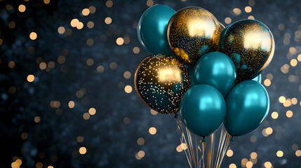 birthday party balloons, colourful balloons background and birthday cake with candles	