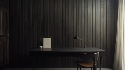 Modern dark wood study room with desk and lamp.  Possible use for interior design or home decor