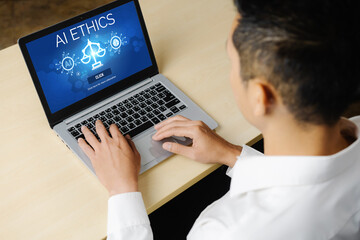 AI ethics responsibility standard law and rules on computer screen provide report of AI ethic transparency preventing technology crime. brisk