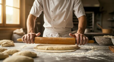 Baker Rolling Dough in Rustic Bakery
