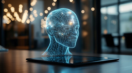 Digital head model on tablet, glowing blue lines, modern technology concept, showcasing artificial intelligence, innovation and future tech, suitable for website banner or presentation