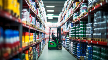 Naklejka premium Retail warehouse full of shelves with goods in cartons, with pallets and forklifts. Logistics and transportation blurred background. Product distribution center.