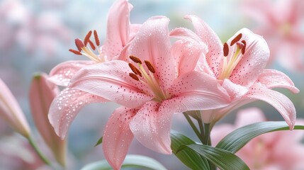 Fototapeta premium Delicate Pink Lilies with Dew Drops