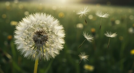 Obraz premium Dandelion Seeds Flying, Meadow Sunset