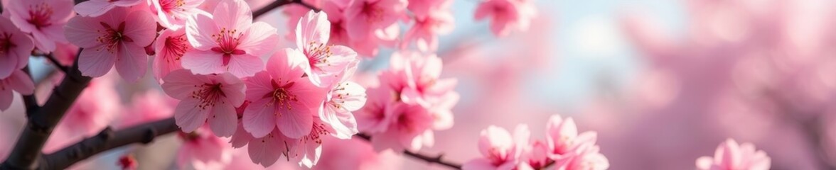 Fototapeta premium Astoria home, springtime cherry blossom spectacle Pink petals, white walls , neighborhood, residential