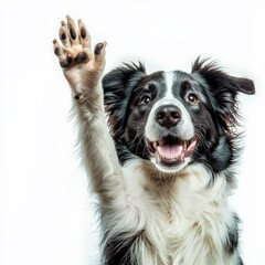 Fototapeta premium Happy Border Collie waving its paw with a joyful expression, representing friendliness. Ideal for pet-related services, animal welfare campaigns, and cheerful greetings.