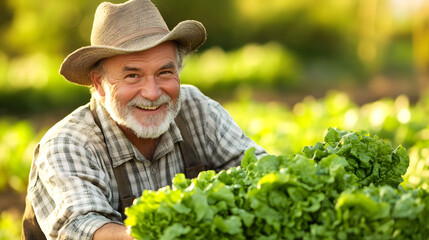 Happy Farmer Harvesting Fresh Organic Lettuce in Sunlit Field During Afternoon - Agriculture Photography