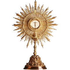 Golden ornate monstrance, Baroque religious artifact, Sunburst design, Catholic eucharistic vessel, Intricate metalwork.
