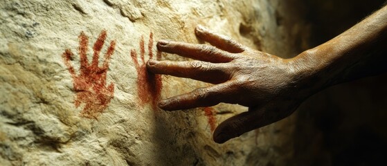 A hand reaches out to ancient cave art, connecting past and present through touch.