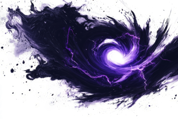 Chaotic void magic with black swirling energy and purple lightning, ominous and powerful, white background