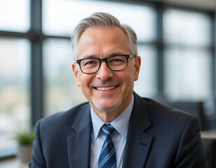 Fototapeta premium old banker, happy middle aged business man bank manager, mid adult professional businessman ceo executive in office, older mature entrepreneur wearing glasses