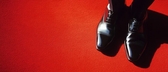 A man's polished shoes stand out on a vibrant red carpet, capturing a moment of poised elegance and sophistication.