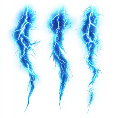 Three blue lightning bolts cascading downward on a white background, symbolizing raw power and dynamic energy. Ideal for weather phenomena, and special effects.