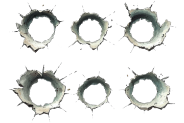 Collection of five bullet holes in metal, different sizes and jagged edges, isolated on a white background