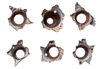 Collection of five bullet holes in metal, different sizes and jagged edges, isolated on a white background