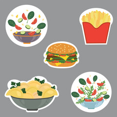 Set of food stickers, Vector food stickers, Vector salad sticker, vector fries sticker, vector burger sticker, vector varenyky sticker. Vector tasty food