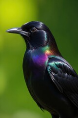 Close-up of male blackbird's iridescent plumage, spring sunlight , iridescent, black, songbird