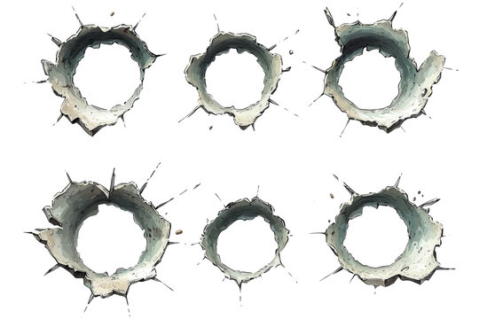 Collection of five bullet holes in metal, different sizes and jagged edges, isolated on a white background