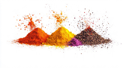 Colorful spices in motion, small piles disrupted with particles floating, isolated on white