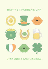 St. Patrick's Day greeting card, poster with holiday symbols. Leprechaun hat, pot of gold, horseshoe for luck, clover, beer, gold coin, heart in the colors of the flag of Ireland.