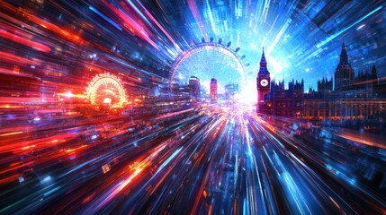 London cityscape at night, vibrant lights, motion blur