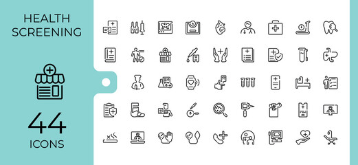 Health Screening line icon. It contains symbols to insurance, pressure, art, diagnosis, hospital, doctor, recover, laboratory. Outline icon collection. Editable stroke. Vector illustration.