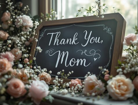 A sign reading 'Thank You, Mom' surrounded by a bouquet of flowers.