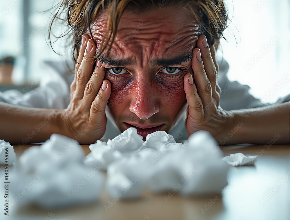 Poster a distressed individual rests their face in their hands while surrounded by crumpled paper.