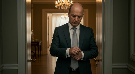 Man Adjusting Watch, Formal Interior