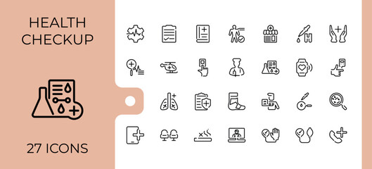 Health Screening line icon. It contains symbols to insurance, pressure, art, diagnosis, hospital, doctor, recover, laboratory. Outline icon collection. Editable stroke. Vector illustration.