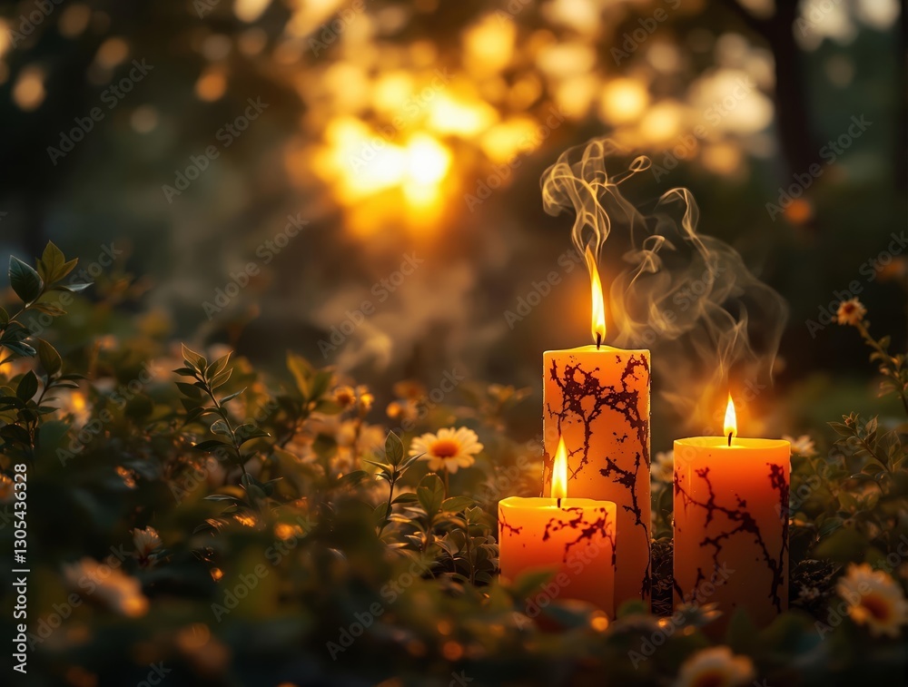 Poster a serene image of three candles glowing warmly in a natural setting during sunset.