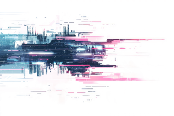 Abstract futuristic landscapes with glitch effects and digital distortions, cyberpunk, technology and virtual reality.