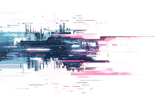Abstract futuristic landscapes with glitch effects and digital distortions, cyberpunk, technology and virtual reality.