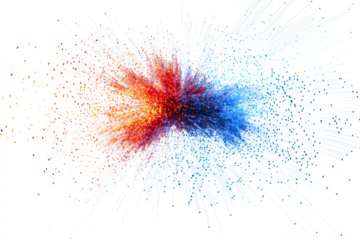 Digital explosion of pixel particles dispersing outward, white background