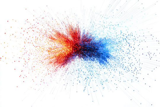 Digital explosion of pixel particles dispersing outward, white background