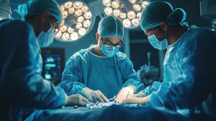 Surgeons perform operation. Doctors in scrubs work with surgical instruments. Medical team wearing masks during surgery in operating room under bright lights.